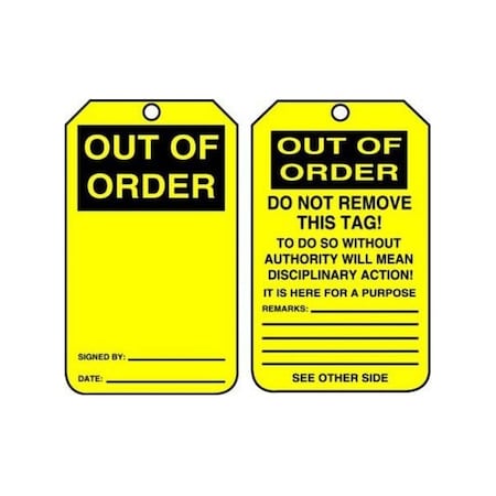 Accuform Safety Tags, OUT OF ORDER, 5.75in x 3.25in, RP-Plastic, 5PK MGT201PTM